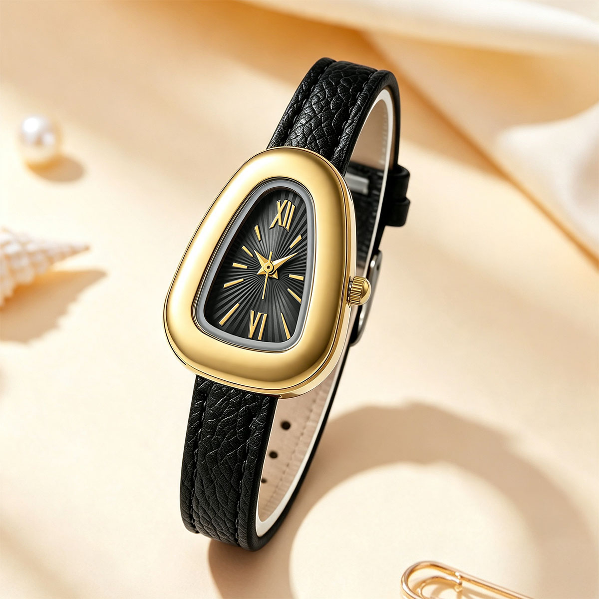 불규칙한 타원형 쿼츠 시계, 로마 숫자, 얇은 가죽 스 - Watch Triangle Luxury 리뷰 및 가격