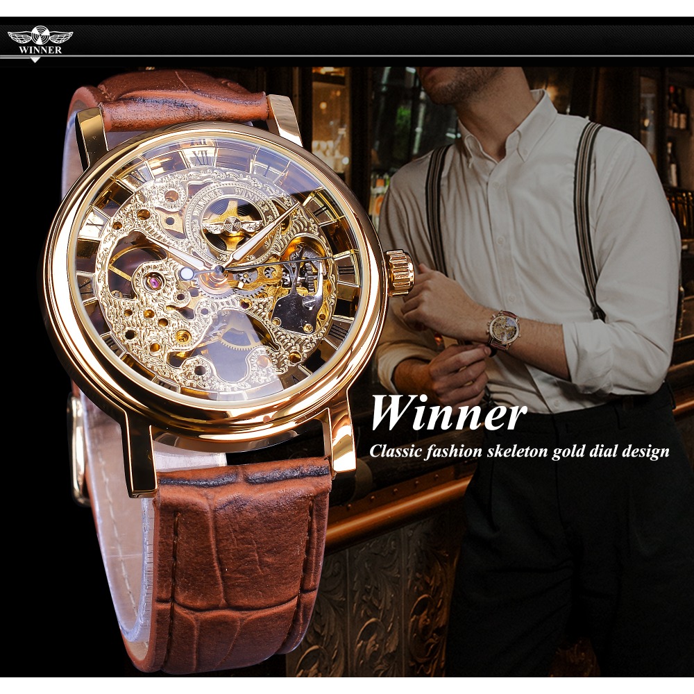 남성용 럭셔리 골드 스켈레톤 시계, 브라운 가죽 스트랩 - Luxury Watch And Price 리뷰 및 가격